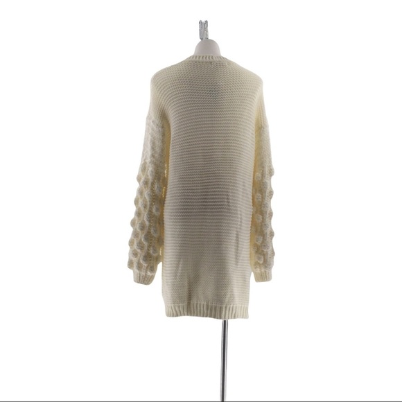 Simply Couture Oversized Beige Open Knit Pom-Pom Sleeve Sweater Cardigan - Picture 11 of 13